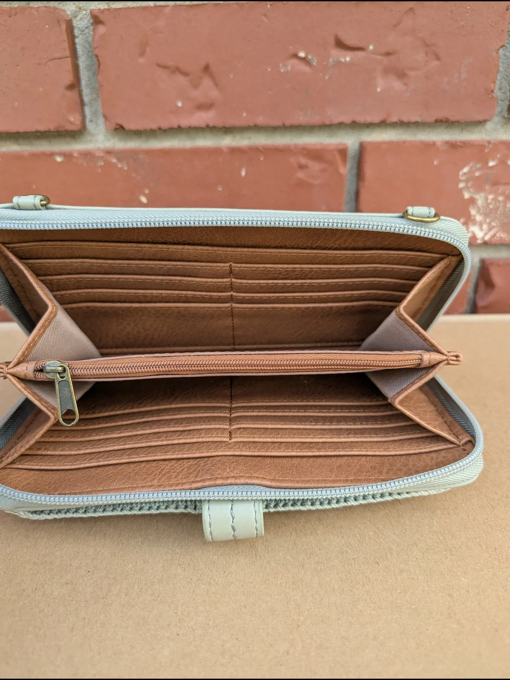 The Sak Iris Leather Large Smartphone Crossbody Wallet Sage Gray Wristlet Bag